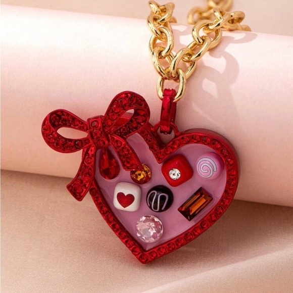 Jewelry - Red Heart Chocolate Box Charm Pendant Necklace Gold Chain Red Bow Rhinestones